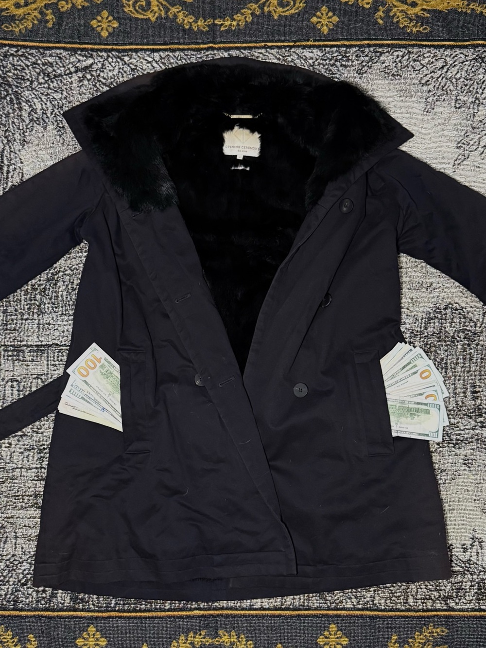 Opening Ceremony Black Trench Coat with 100% bunny fur